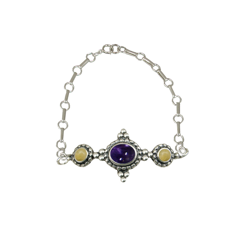 Sterling Silver Gemstone Adjustable Chain Bracelet With Iolite And Yellow Aragonite